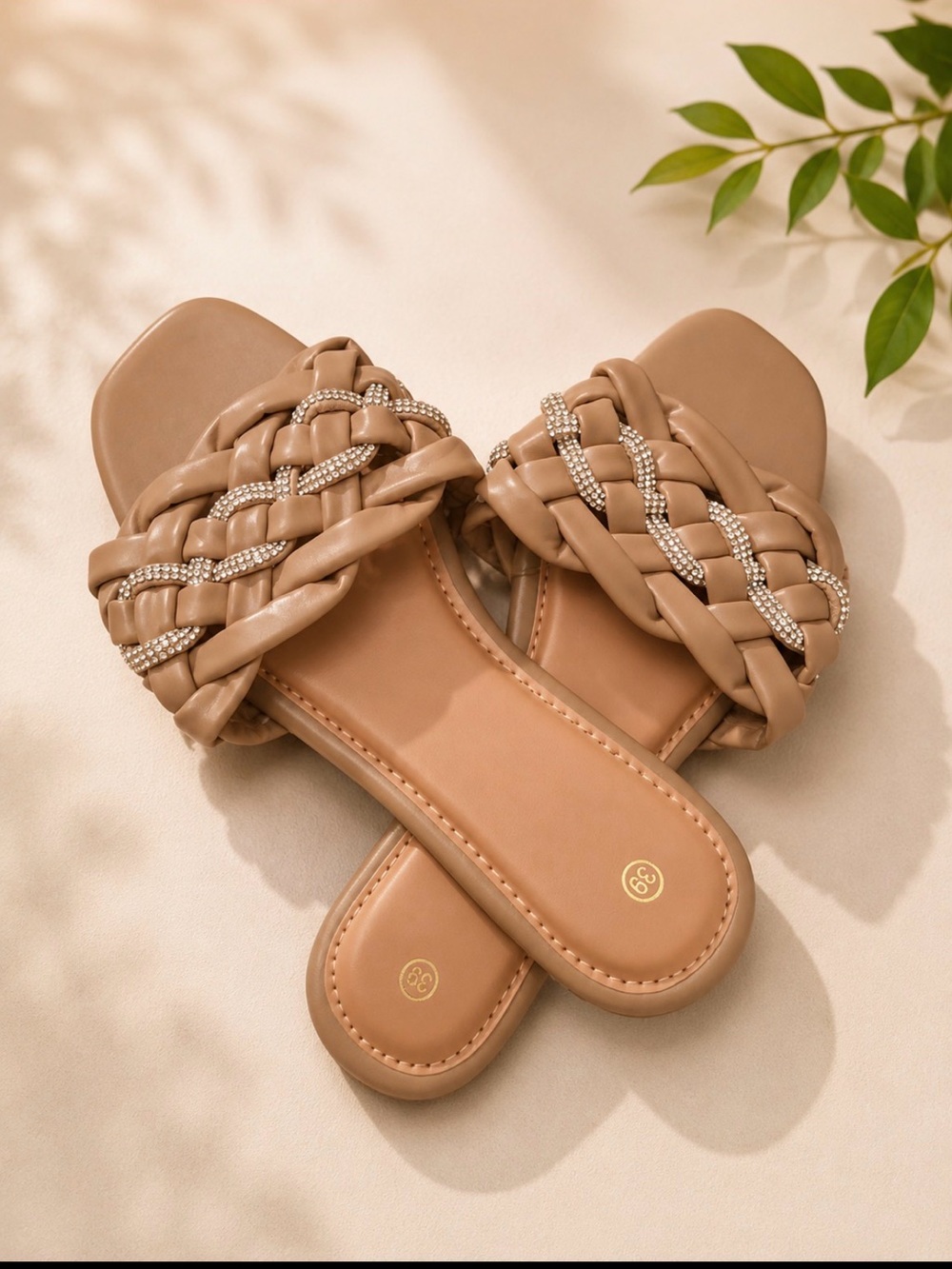 Braided Rhinestone Slide Sandals - Nude